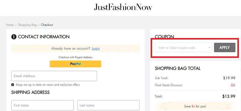 how to use just fashion now coupon code