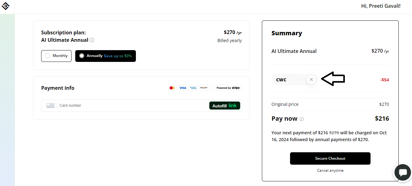 Coupon verification screenshot on 10Web