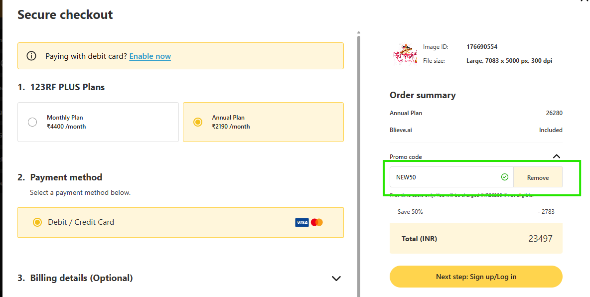 Screenshot of tested coupon for 123RF
