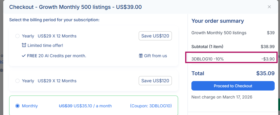 Screenshot of tested coupon for 3Dsellers