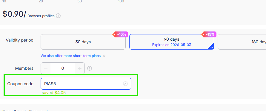 Coupon verification screenshot on AdsPower