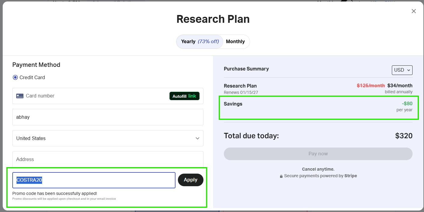 Screenshot of tested coupon for AirDNA