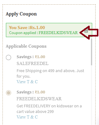 Coupon verification screenshot on Ajio