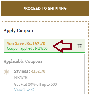 Screenshot of tested coupon for Ajio