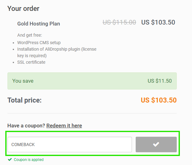 Screenshot of tested coupon for Alidropship