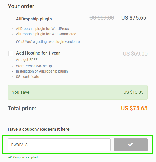 Screenshot of tested coupon for Alidropship