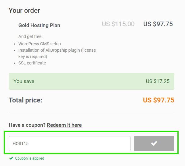 Screenshot of tested coupon for Alidropship