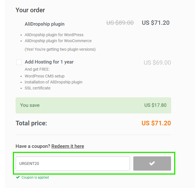 Screenshot of tested coupon for Alidropship