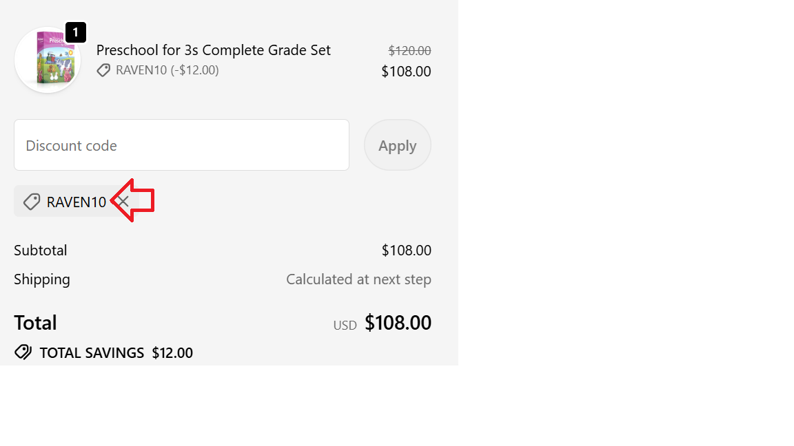 Coupon verification screenshot on Alpha Omega Publications