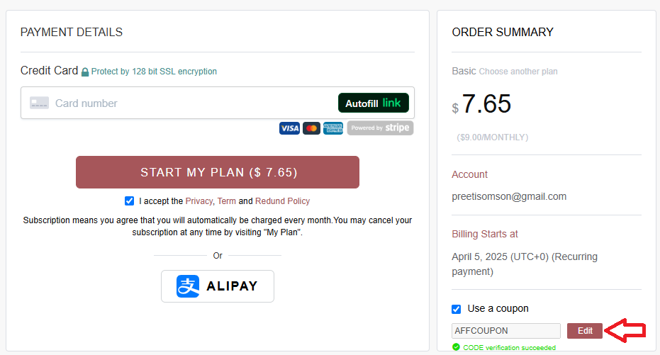 Coupon verification screenshot on AmzChart