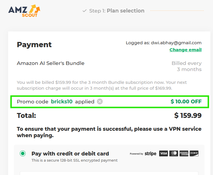 Screenshot of tested coupon for AMZScout