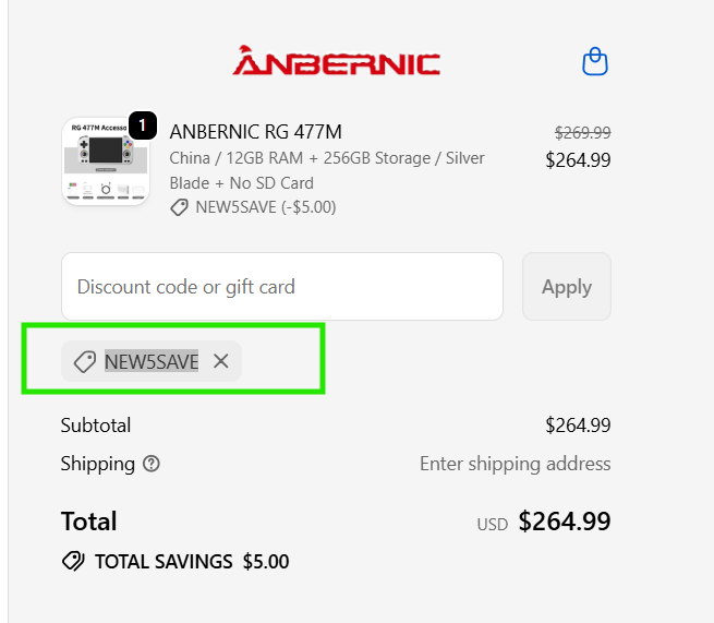 Screenshot of tested coupon for Anbernic