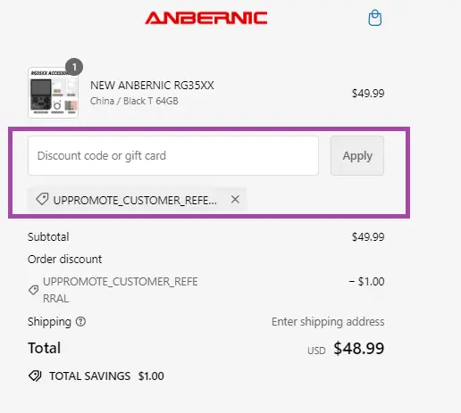 Coupon verification screenshot on Anbernic