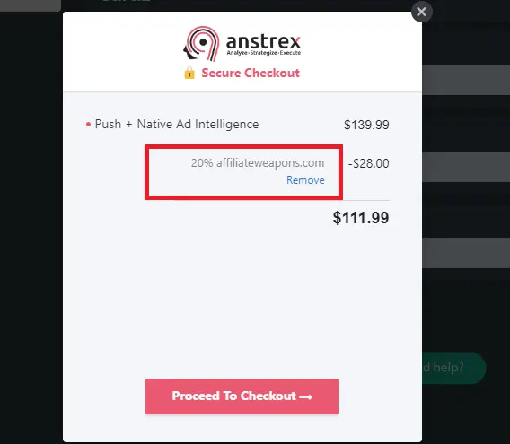 Coupon verification screenshot on Anstrex