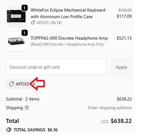 Coupon verification screenshot on Apos Audio