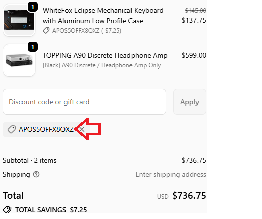 Coupon verification screenshot on Apos Audio
