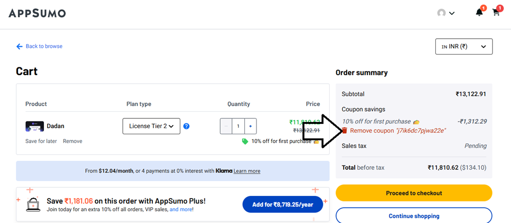 Screenshot of tested coupon for AppSumo
