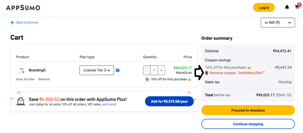 Screenshot of tested coupon for AppSumo