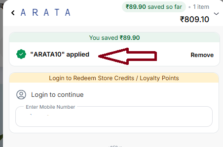 Coupon verification screenshot on Arata