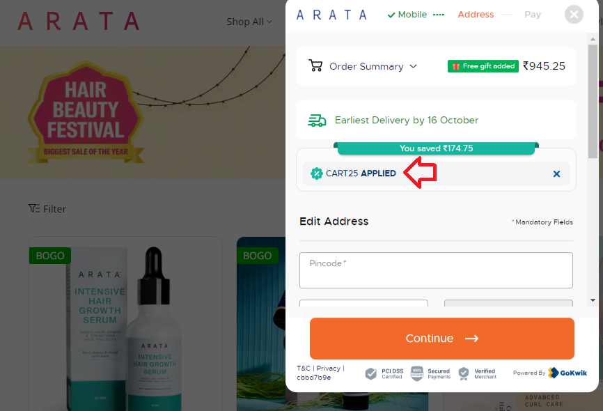 Coupon verification screenshot on Arata
