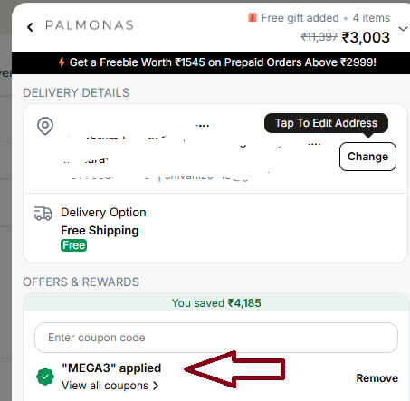 Coupon verification screenshot on Arata
