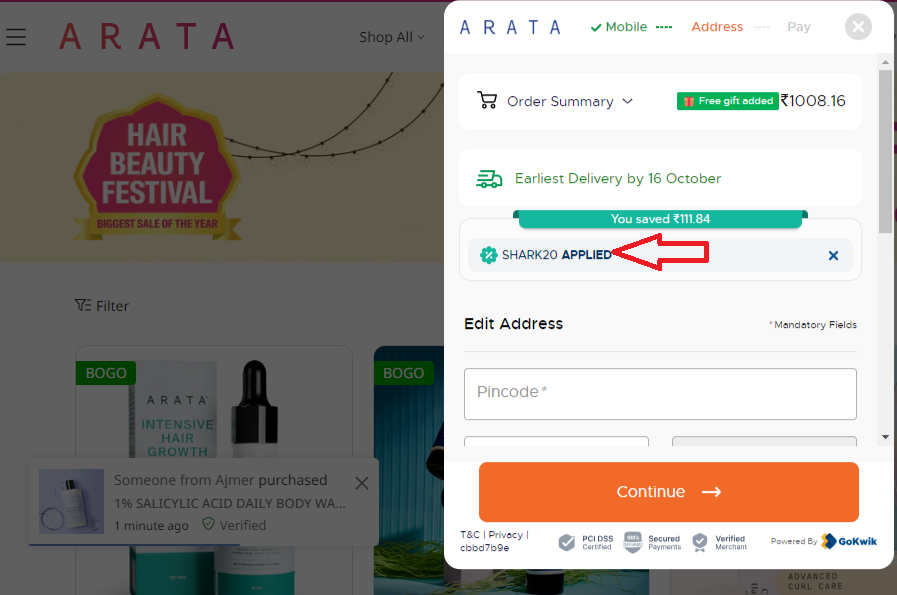 Coupon verification screenshot on Arata