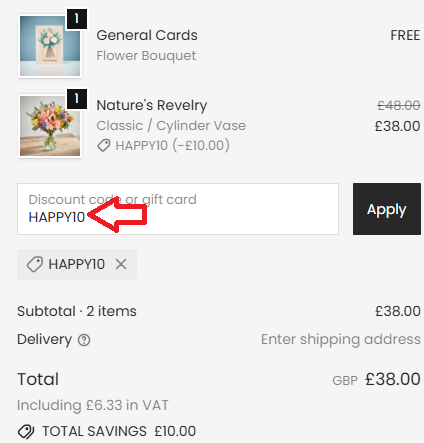 Coupon verification screenshot on Arena Flowers