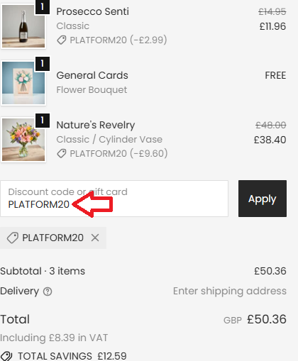Coupon verification screenshot on Arena Flowers