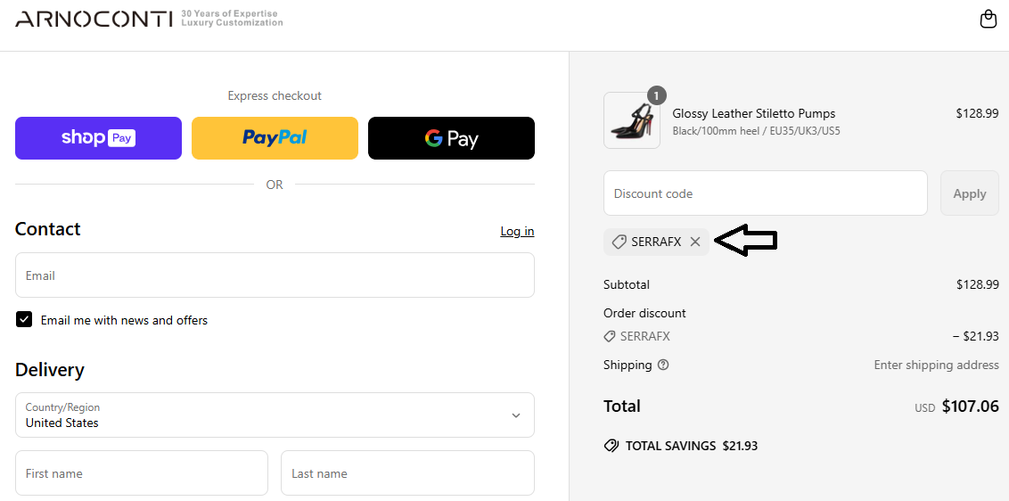 Coupon verification screenshot on Arnoconti