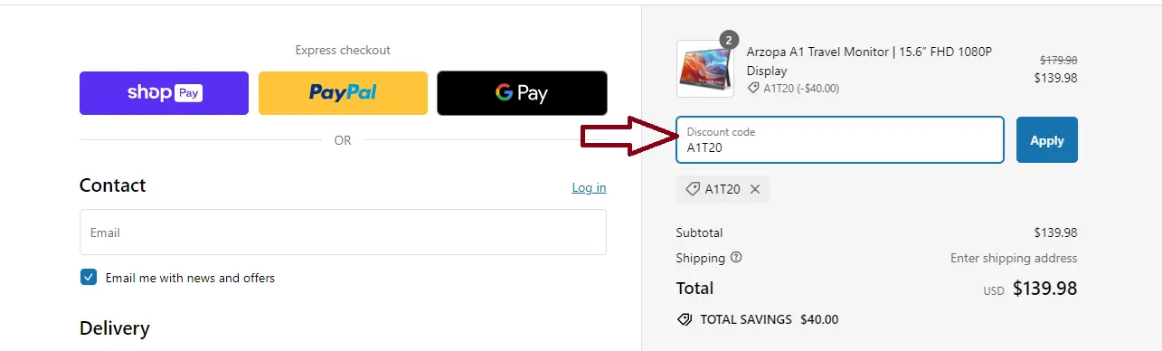 Coupon verification screenshot on Arzopa