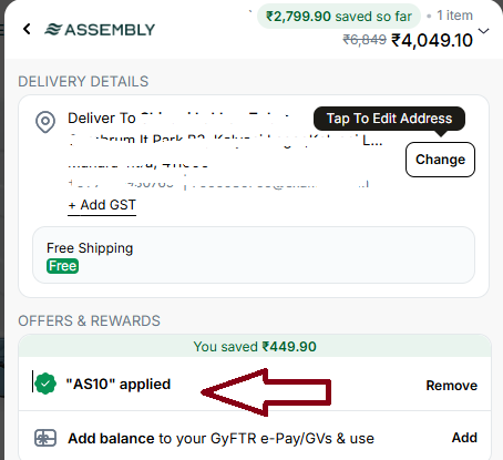 Coupon verification screenshot on Assembly Travel