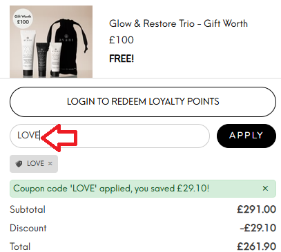 Coupon verification screenshot on Avant Skincare