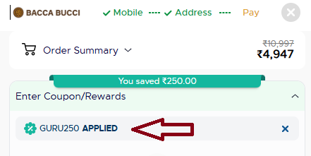 Coupon verification screenshot on Bacca Bucci