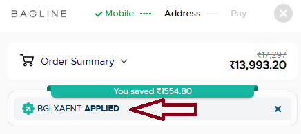 Coupon verification screenshot on Bagline