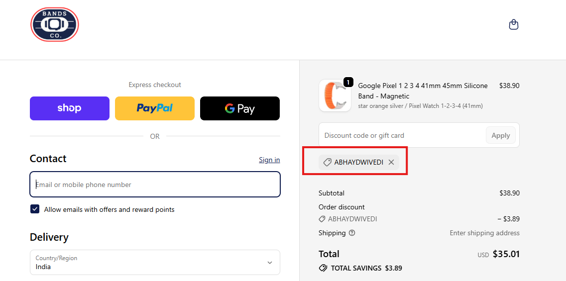 Coupon verification screenshot on BandsCo Straps