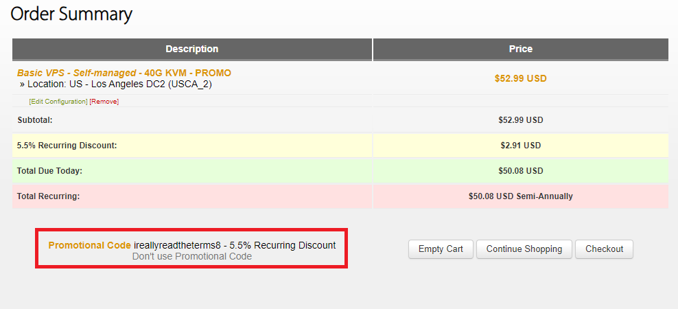 Coupon verification screenshot on BandwagonHost