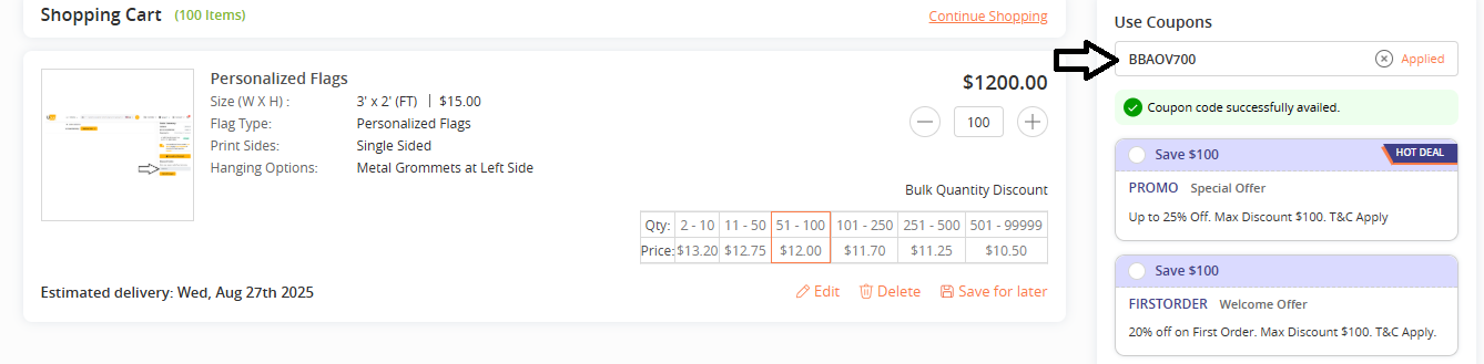 Coupon verification screenshot on Banner Buzz