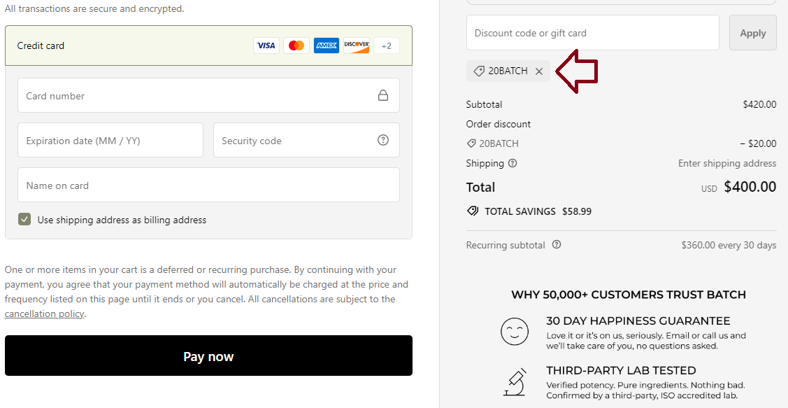 Coupon verification screenshot on Batch CBD