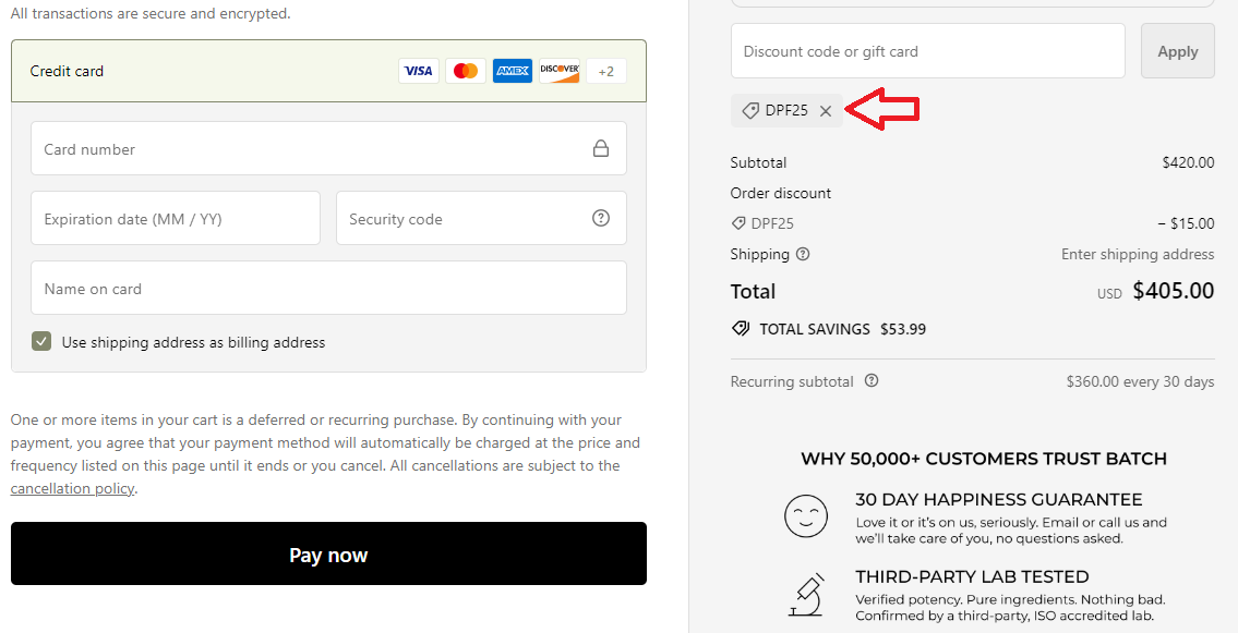 Coupon verification screenshot on Batch CBD