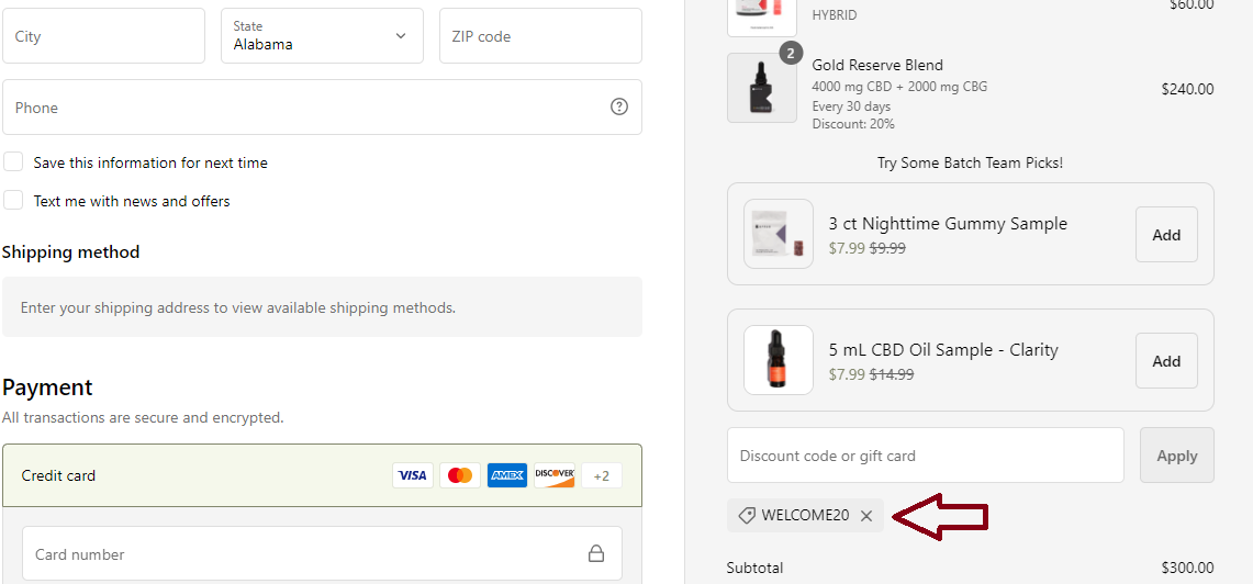Coupon verification screenshot on Batch CBD