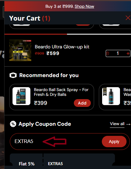 Coupon verification screenshot on Beardo
