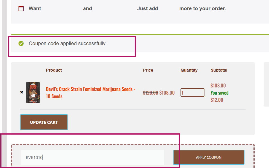 Coupon verification screenshot on Beaver Seeds