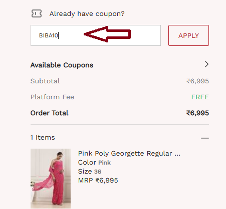 Coupon verification screenshot on Biba