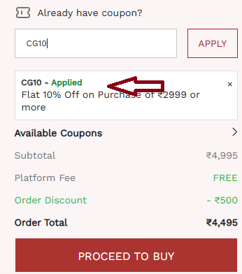 Coupon verification screenshot on Biba