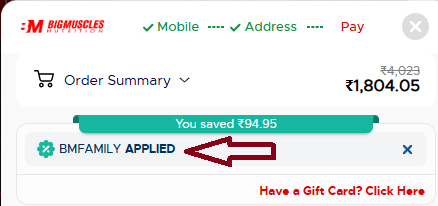 Coupon verification screenshot on BigMuscle Nutrition