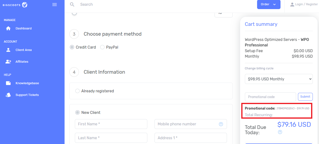 Coupon verification screenshot on BigScoots