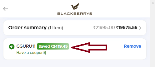 Coupon verification screenshot on Blackberrys.