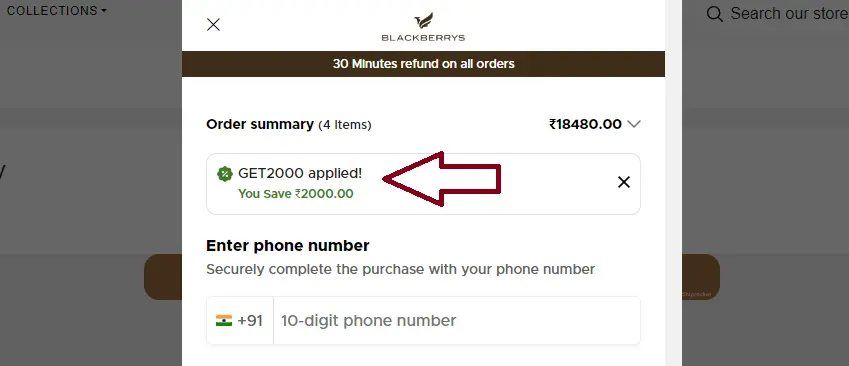 Coupon verification screenshot on Blackberrys.