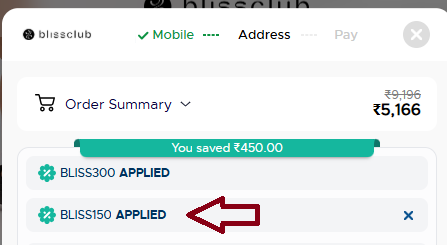 Coupon verification screenshot on BlissClub