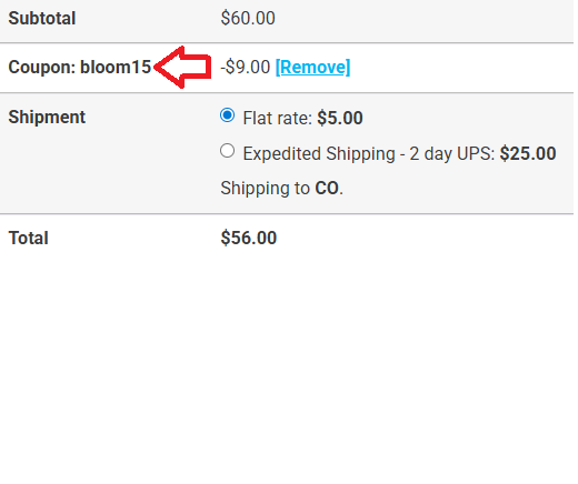 Coupon verification screenshot on Bloom Hemp